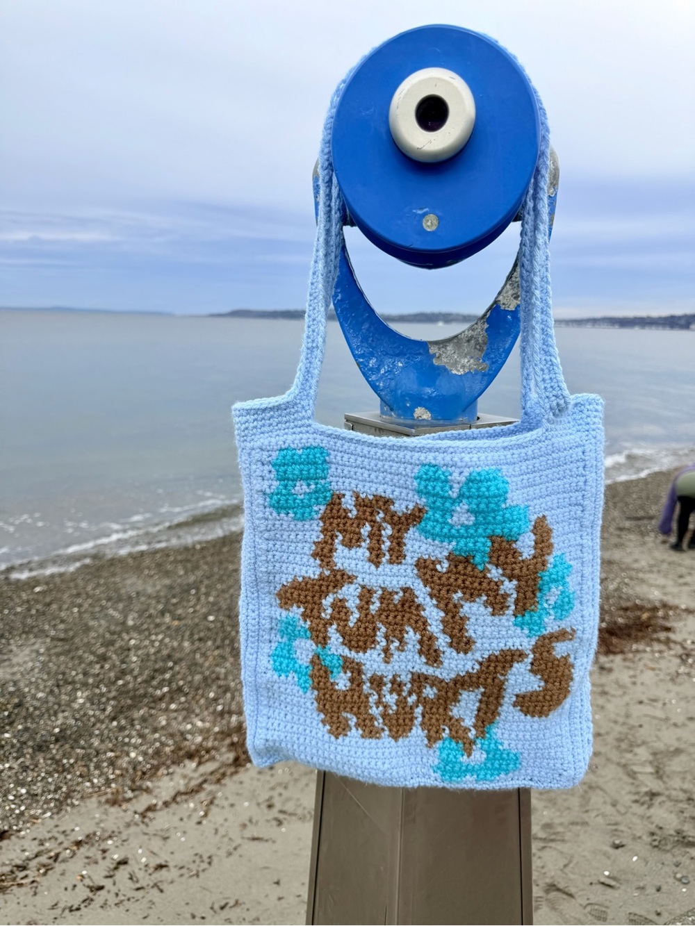 Hand-Crocheted Light Blue Tote with “my tummy hurts” script and teal flowers